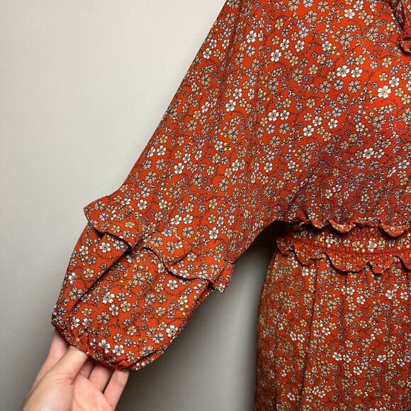 Floral Midi Dress Orange XS Tiered Ruffle Peasant Cottage Boho Cowgirl Prairie - Picture 11 of 11